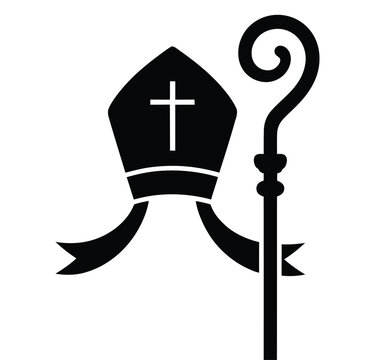 bishop mitre and crosier silhouette icon representing christian religious authority, catholic clergy symbol, ecclesiastical leadership emblem