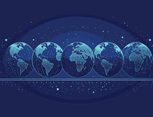 Digital visualization of interconnected Earth globes, illustrating global communication, data networks, and technological advancement on a deep blue, starlit background