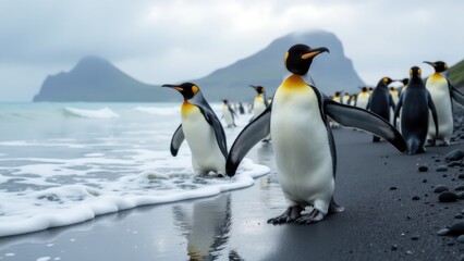 Fototapeta premium Group of penguins walking along the beach
