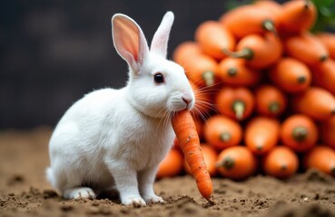 A white rabbit holding a carrot in its mouth with a pile of carrots in the background
