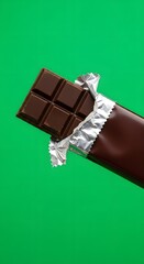Close-up of a partially unwrapped chocolate bar with a vibrant green background, highlighting the smooth texture and rich appearance of the confectionery treat