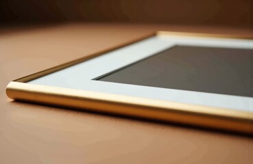 Close-up of a tablet with a gold frame lying on a wooden surface