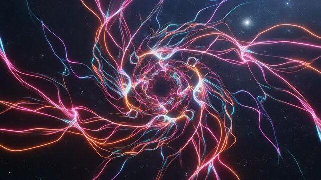 Vibrant tangled filaments swirl around a glowing core, forming dynamic streams of neon motion that twist and pulse in rhythmic waves