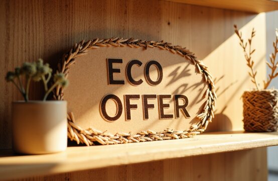 Woman reading eco offer sign on wooden shelf with potted plants and natural lighting