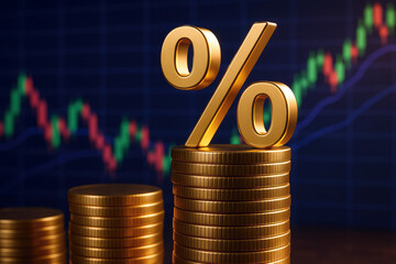 Prominent Gold Percentage Symbol Perched on Coin Piles with Stock Market Data Visualization golden