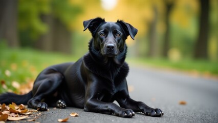 A black dog lying down on the road
