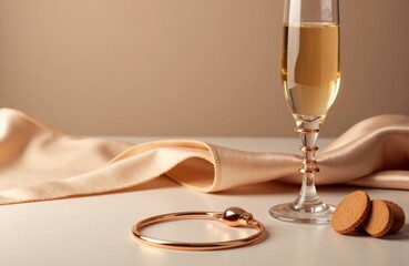 A glass of champagne with a soft fabric and cookies on a neutral background