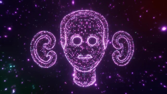 A luminous digital face composed of countless glowing points emerges from darkness, forming expressive contours of a virtual being whose neon lines pulse softly