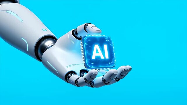 Robotic arm holding glowing AI chip on blue technological background