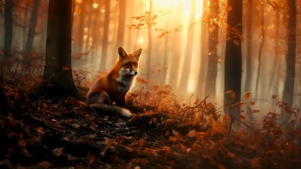 A vivid portrayal of a fox in a serene forest setting during what appears to be the golden hour, with sunlight filtering through the trees and illuminating the forest floor with a warm, golden hue.