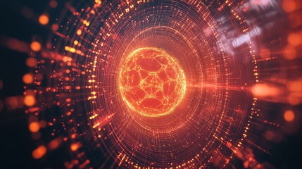 Glowing core moving through digital data tunnel