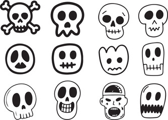 Collection of hand drawn skull illustrations in various styles