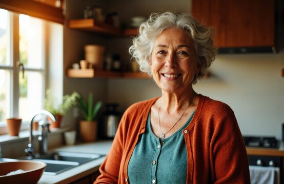 Smiling elderly woman with curly gray hair in a cozy kitchen setting