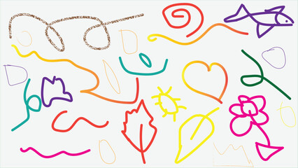 Colorful doodles on a featuring a fish, flower, heart, leaf, and other abstract shapes