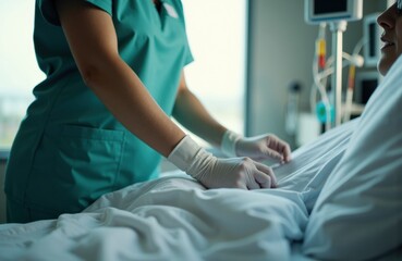 Obraz premium Nurse preparing hospital bed with patient in medical facility