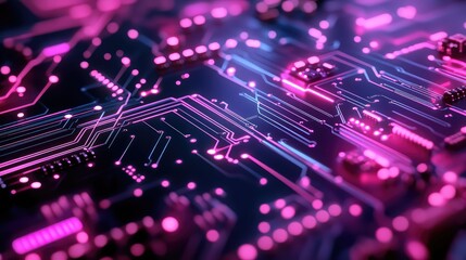 Electronic circuit board displaying glowing data paths