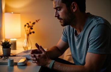 A man sitting at a desk in a dimly lit room using a smartphone