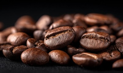 A pile of coffee beans on a black surface