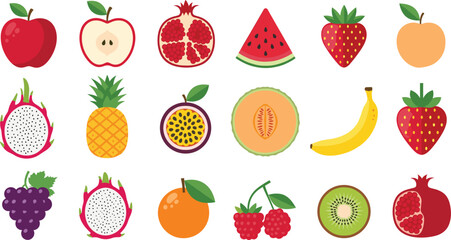 Large Collection of Colorful Flat Design Fruit Icons Set, Including Tropical and Common Fruits like Apple, Pomegranate, Banana, and Dragon Fruit Vector