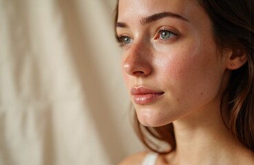 Fototapeta premium Close-up of a young woman with clear skin and natural makeup looking thoughtfully to the side