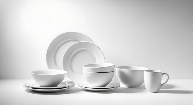 Clean white ceramic dinnerware and cups set on a white surface