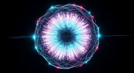 An abstract representation of a radiant, glowing sphere, pulsating with energy, showcasing a mesmerizing blend of blue and pink hues in a dark space