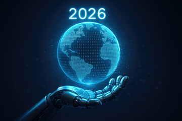 Robotic hand presenting a binary code digital globe with the year 2026