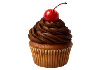 Cupcake with chocolate frosting and cherry on top, delicious sweet dessert, isolated on transparent background