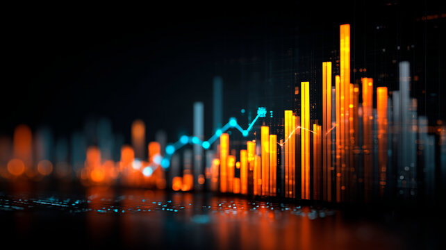 Dynamic Blue and Orange Financial Bar Graph with Digital Data Lines