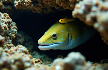 A yellow fish with blue spots peeks out from a coral reef environment