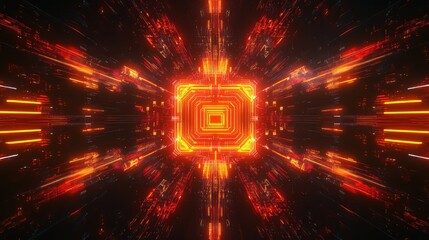 Glowing futuristic microchip processing data in cyberspace tunnel