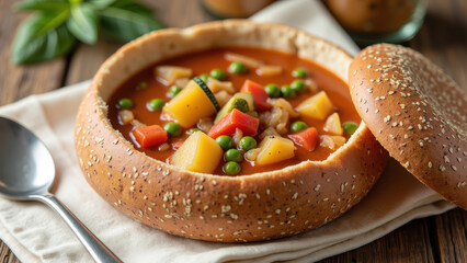 Delicious vegetable soup served in bread bowl, featuring colorful ingredients like potatoes, peas, and bell peppers, garnished with fresh herbs