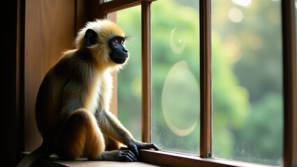 A monkey sits on a window sill looking out, potential for use in illustrations or cartoons