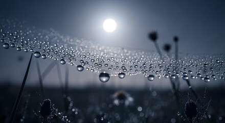 Close-up of dew drops on a spider web with a bright sun in the background during early morning hours