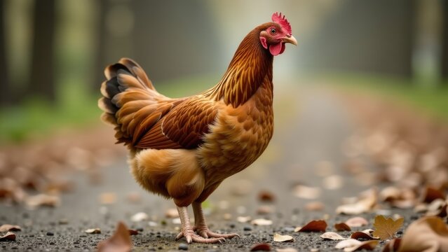 A chicken standing on a rural road amidst fallen leaves