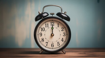 Vintage black alarm clock face display with two bells and classic hands showing time
