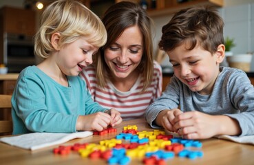Fototapeta premium Woman playing board game with children in a cozy home setting