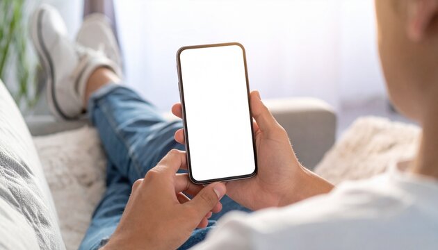 ソファに座る男性が白画面のスマートフォンを操作する日常のワンシーン