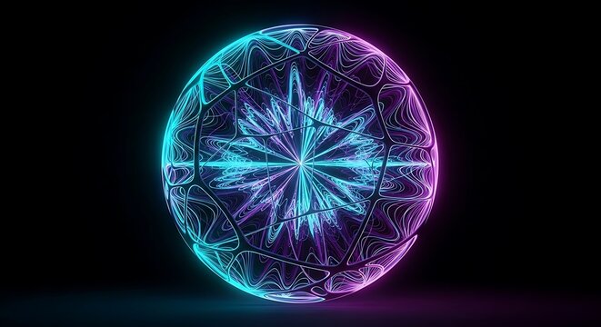 A glowing sphere with intricate geometric patterns, radiating a vibrant blend of cyan and magenta hues against a stark black backdrop, creating a futuristic effect