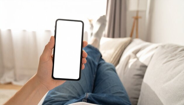 室内で白画面のスマートフォンを片手にリラックスする男性の穏やかな姿