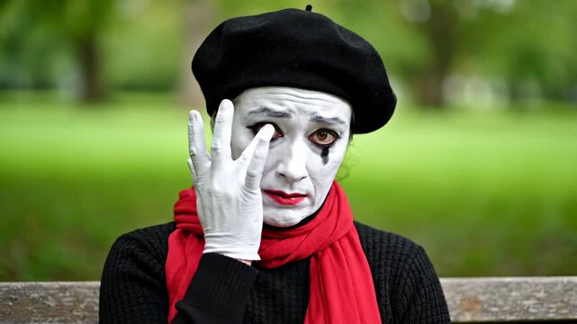 A mime performer with painted face and red scarf expresses emotion in a park setting