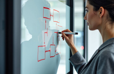 Woman writing diagram on glass board in modern office environment