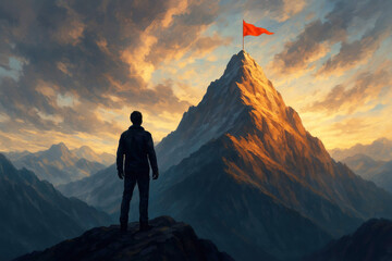 Silhouette of a lone hiker standing on a rocky peak gazing at a distant snow-capped mountain summit with a red flag at its apex under a dramatic sunset sky
