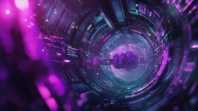 Cloud computing data traveling through futuristic neon tunnel