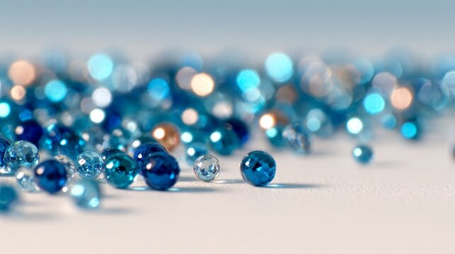 Shiny blue gemstone beads scattered on a surface with soft bokeh light in the background