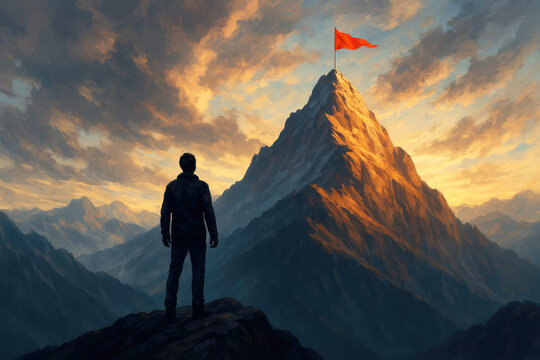 Silhouette of a lone hiker standing on a rocky peak gazing at a distant snow-capped mountain summit with a red flag at its apex under a dramatic sunset sky - Powered by Adobe