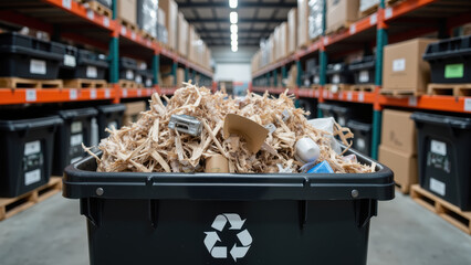 Recycling bin filled with shredded paper and various recyclable materials warehouse setting, showcasing sustainability and waste management
