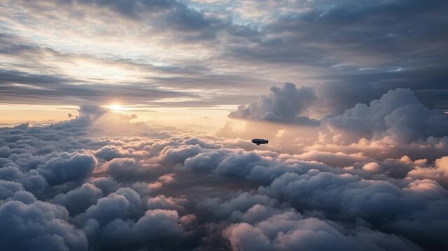 Airship Above the Clouds: An airship gracefully sails through a sea of fluffy clouds, basking in the ethereal glow of the morning sun, evoking a sense of wonder and freedom.
