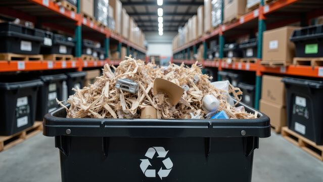 Recycling bin filled with shredded paper and various recyclable materials warehouse setting, showcasing sustainability and waste management - Powered by Adobe