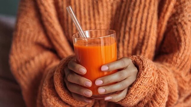 Hands holding a glass of bright orange juice with a straw, wrapped in a cozy oversized sweater. Warm, autumnal and comforting mood.